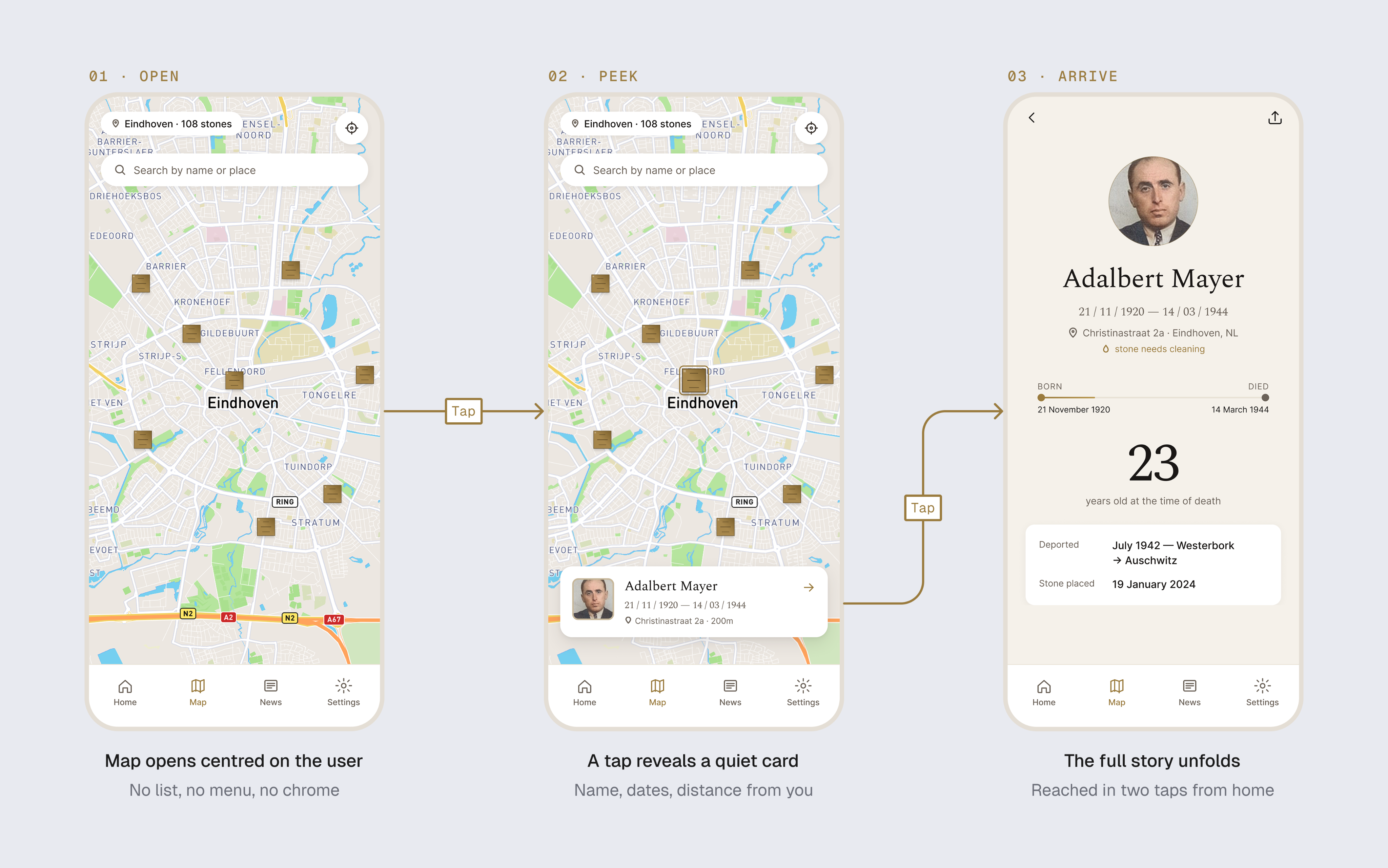 Map-first information architecture with brass pins and profile peek