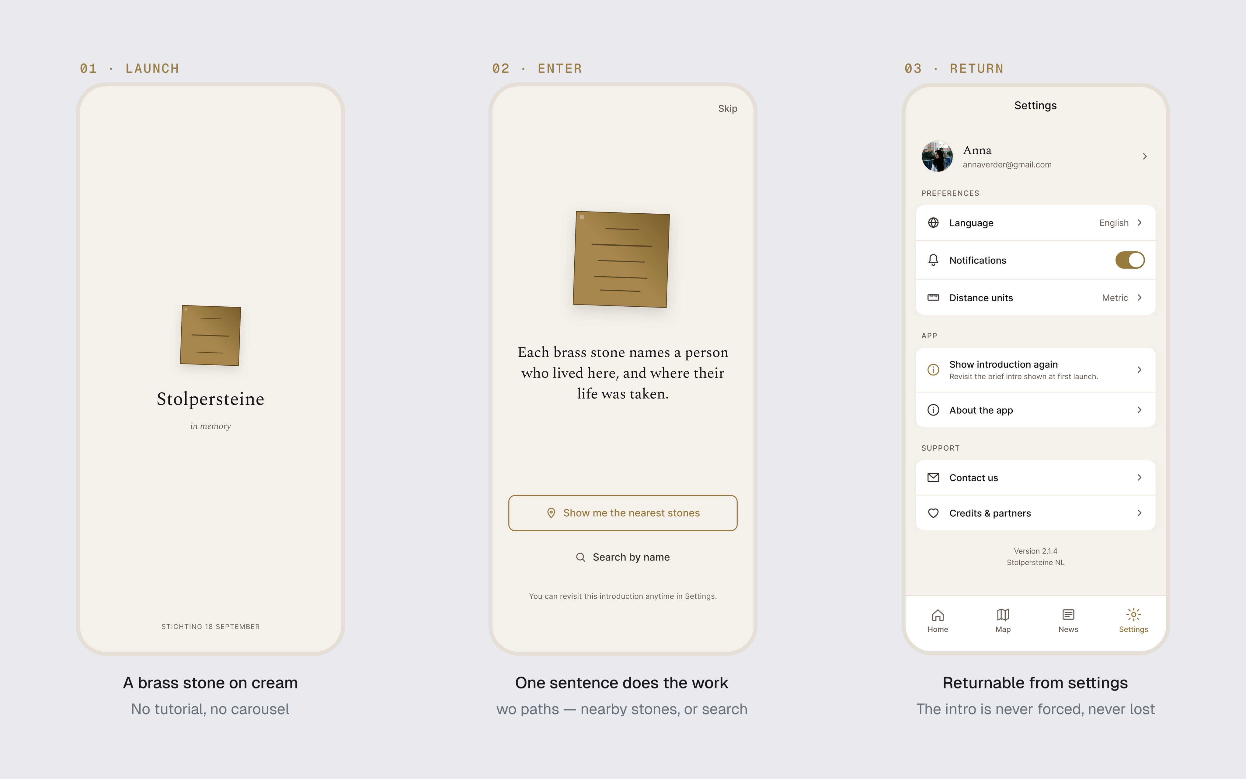 First-launch onboarding explaining what a Stolperstein is