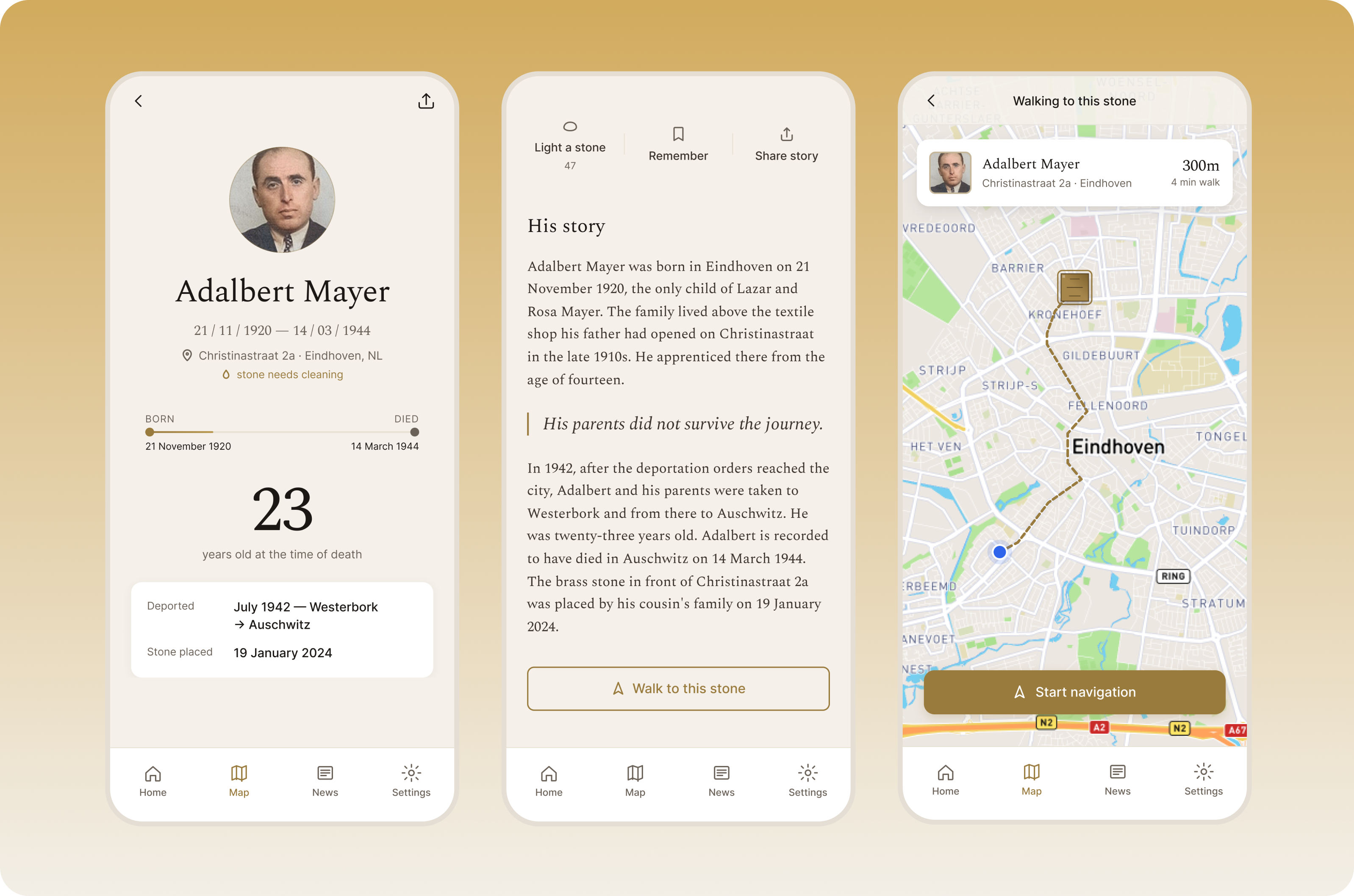 Stolpersteine app — victim profile, story, and map screens